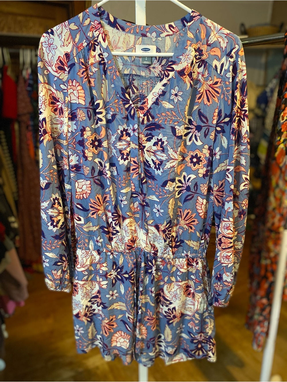 Old Navy Blue Floral Long-Sleeve Drawstring Dress